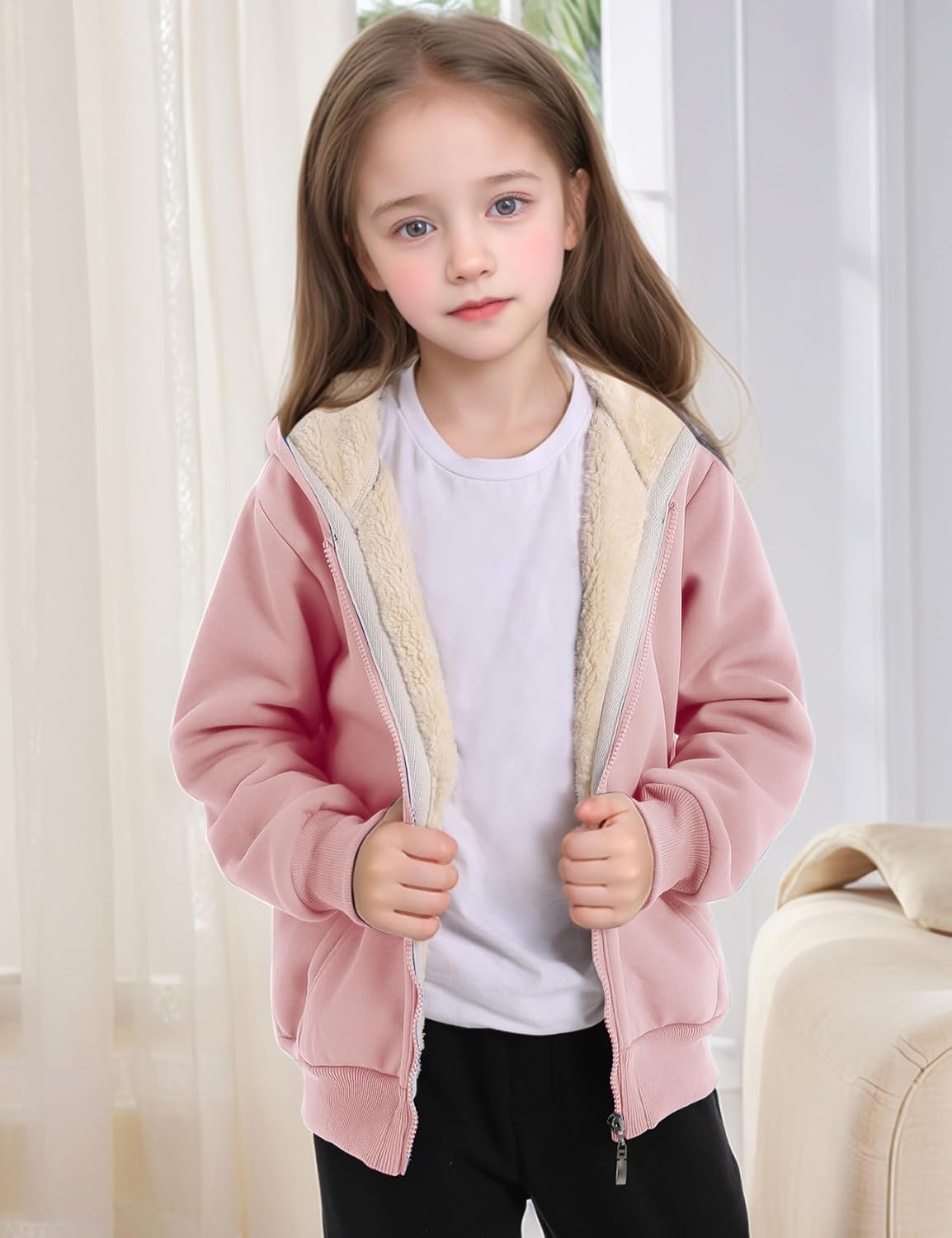 Gihuo Unisex Boy's Girls Winter Warm Sherpa Lined Zip Up Sweatshirt Fleece Jacket Kid's Hoodie Outerwear