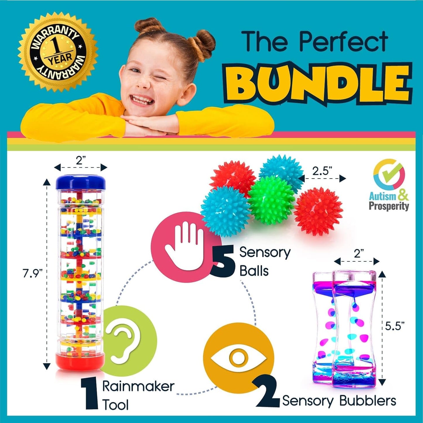 Autism & Prosperity Autism Sensory Products Bundle - Sensory Toys for Kids with Autism, Rainmaker Bubblers Spiky Sensory Balls for Autistic Children, Special Education Autism Toys Age 3 4 5 7 8 12