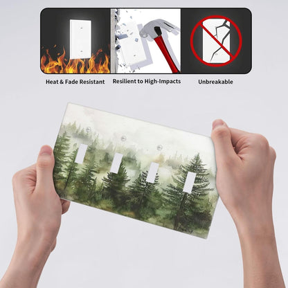 Light Switch Covers Green Forest Watercolor Painting Foggy Pine Quad Toggle Electrical Faceplate 4 Gang Wall Plate Decorative Switch Plates for Bedroom living Room Decor