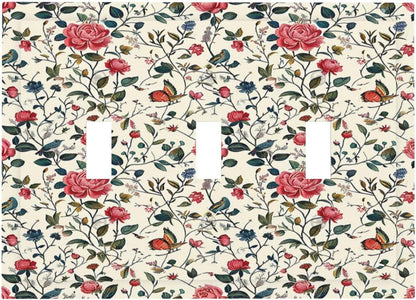 Decorative Switch Plates Vintage Flowers Rose Leaf Bird Butterfly 3 Gang Wall Plate Triple Toggle Light Switch Cover Faceplate Electrical Wall Panels for Bedroom living Room Decor