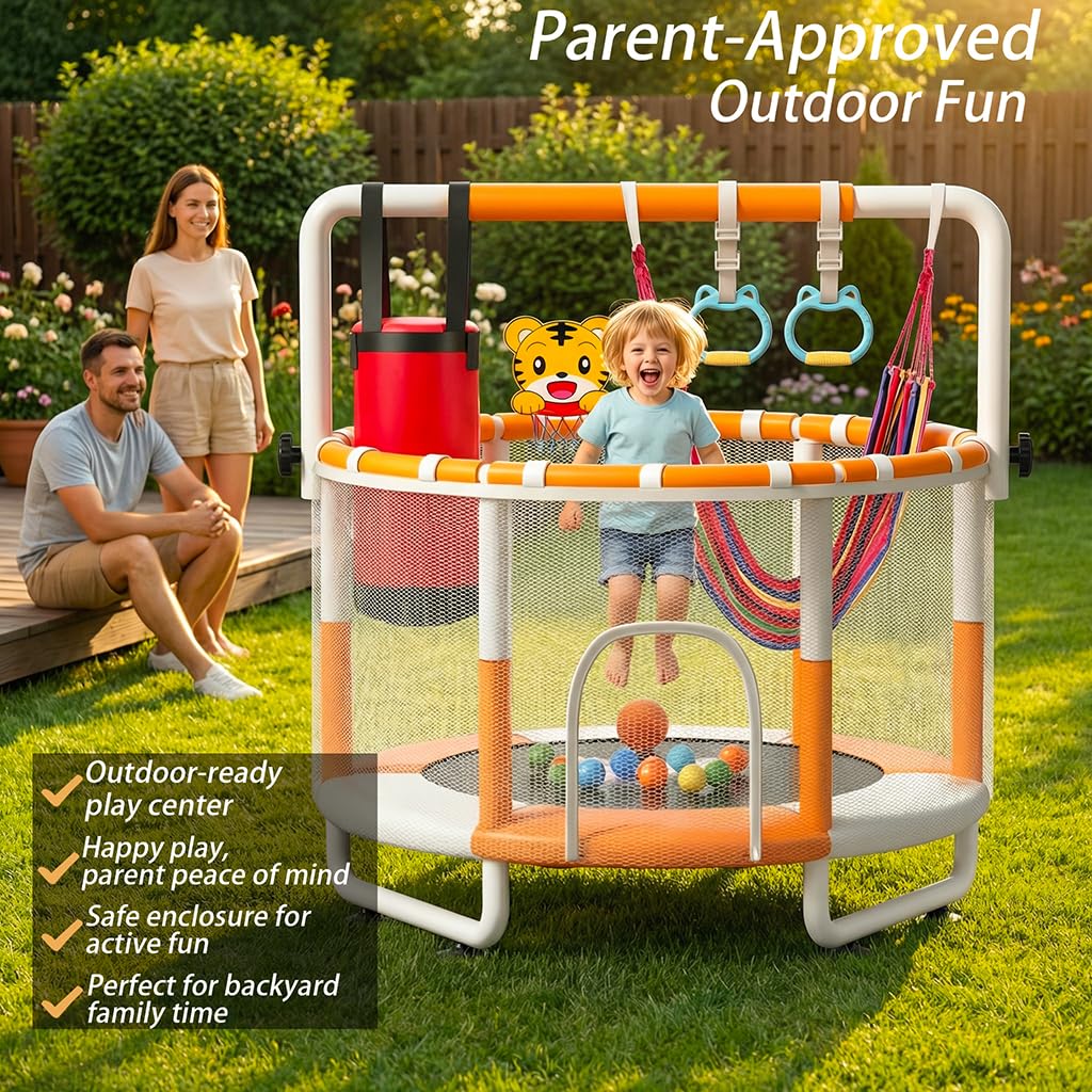 KINETRA 55" Kids Indoor Trampoline with Safety Net, Adjustable Gymnastics Bar & Toys
