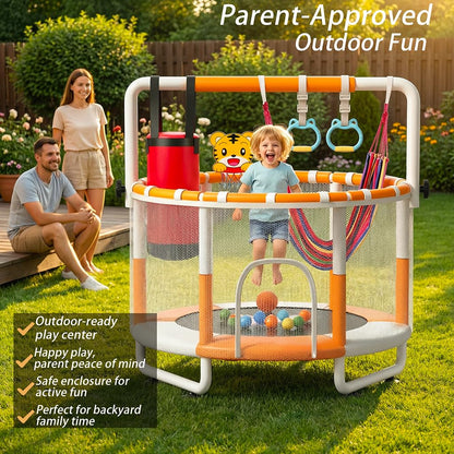 KINETRA 55" Kids Indoor Trampoline with Safety Net, Adjustable Gymnastics Bar & Toys
