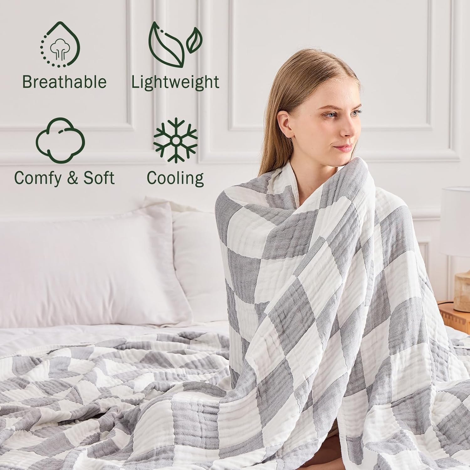 EMME Checkered Cotton Blanket Twin Large 60"x80" 100% Muslin for Couch Breathable Cooling Gauze All