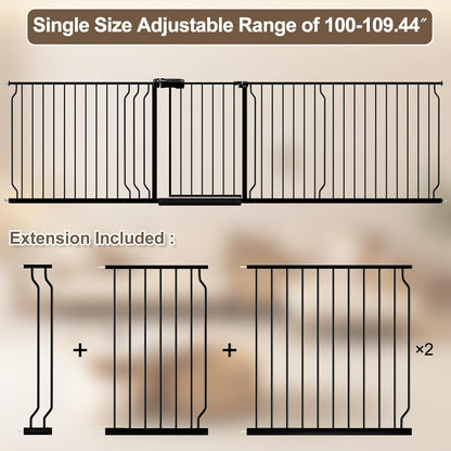 WAOWAO Baby Gate 100-109.42" Extra Wide Pressure Mounted Walk Through Swing Auto Close Safety Black Metal Toddler Kids Child Dog Pet Puppy for Stairs,Doorways,Kitchen
