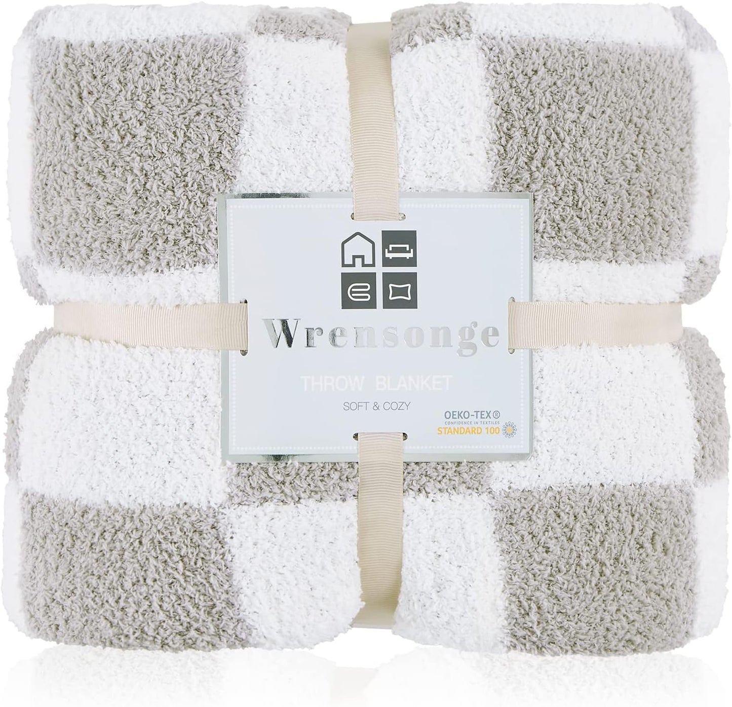 WRENSONGE Checkered Throw Blanket, Light Grey Soft Cozy Fluffy Warm Hand Made Throw Blankets for