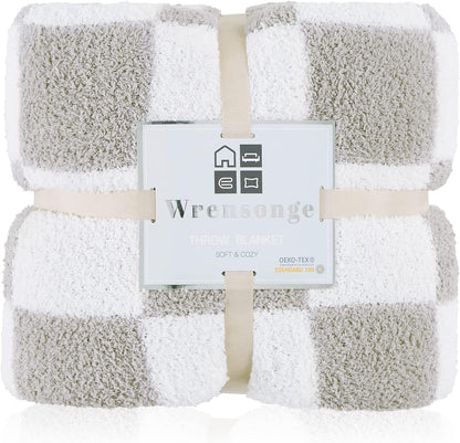 WRENSONGE Checkered Throw Blanket, Light Grey Soft Cozy Fluffy Warm Hand Made Throw Blankets for