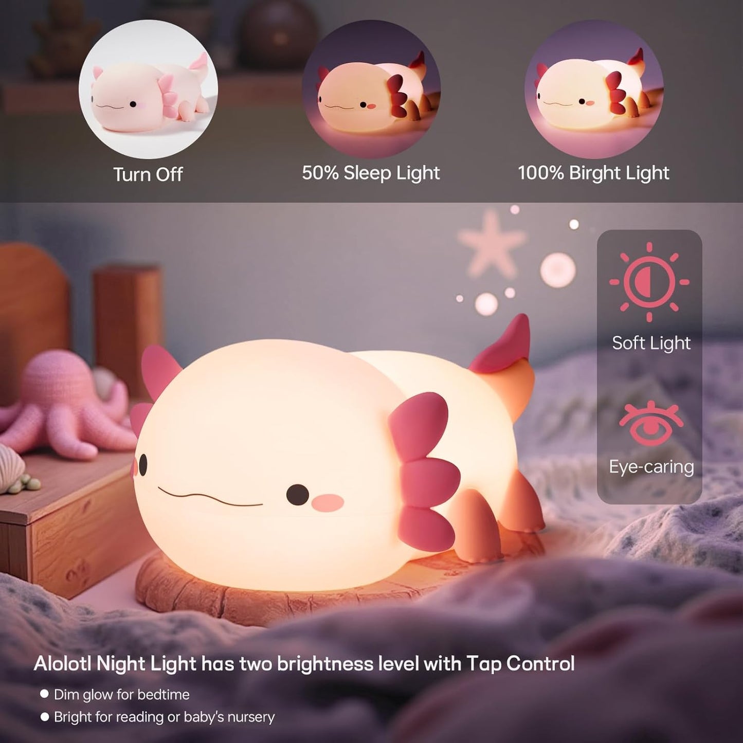 Axolotl Night Light for Kids, Cute Axolotl Lamp Silicone Baby Nursery Night Lamp, Dimmable Squishy Touch Bedside Lamps, Adorable Rechargeable Animal Lamps Gifts Kawaii Room Decor for Kids Girls Boys