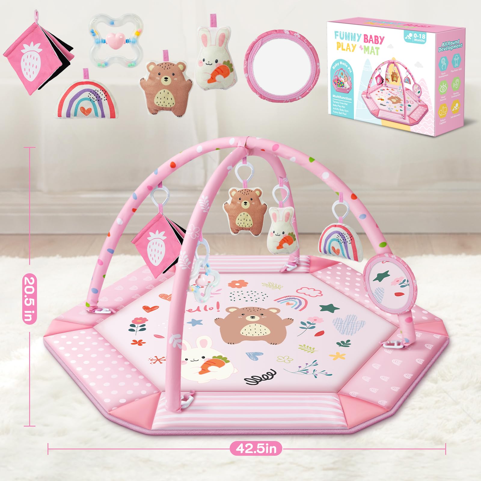 Baby Gym Play Mat, 8-in-1 Tummy Time Mat & Ball Pit with 6 Toys, Washable Baby Activity Mat for