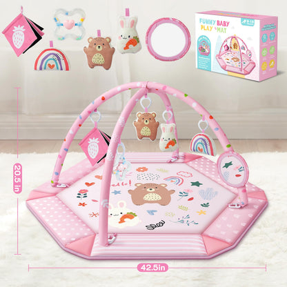 Baby Gym Play Mat, 8-in-1 Tummy Time Mat & Ball Pit with 6 Toys, Washable Baby Activity Mat for