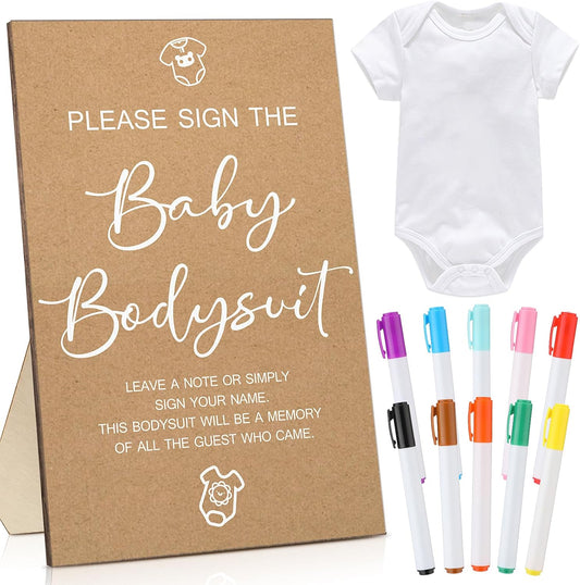 Qunclay 12 Pcs Baby Bodysuit Baby Shower Game Include 1 Game Wooden Sign Tabletop Decor 1 White Blank Newborn Bodysuit 10 Fabric Marker for Gender Reveal Party(Kraft)