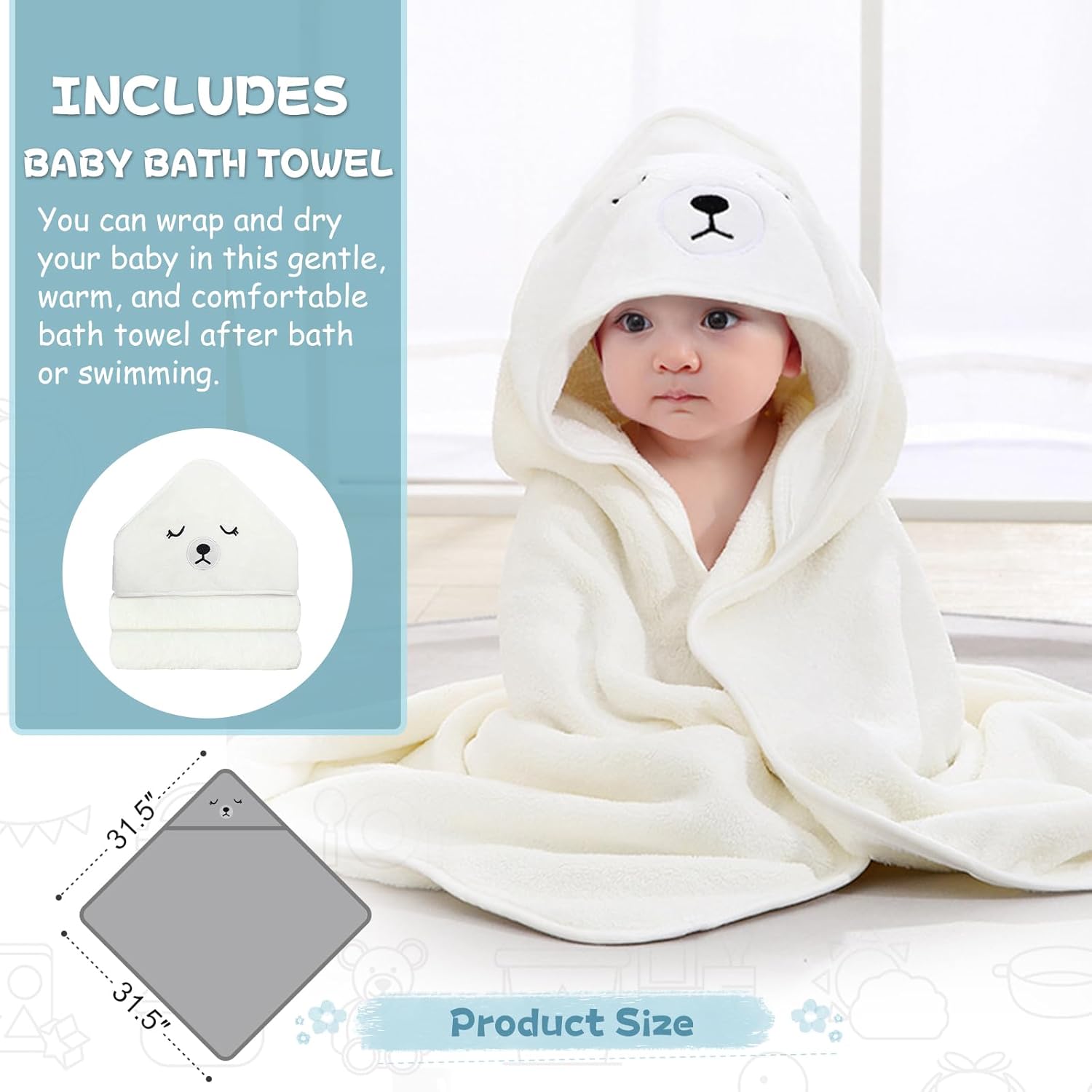 MoreFeel Collapsible Baby Bathtub for Newborn with Thermometer & 1 Hooded Towel & 1 Soft Floating