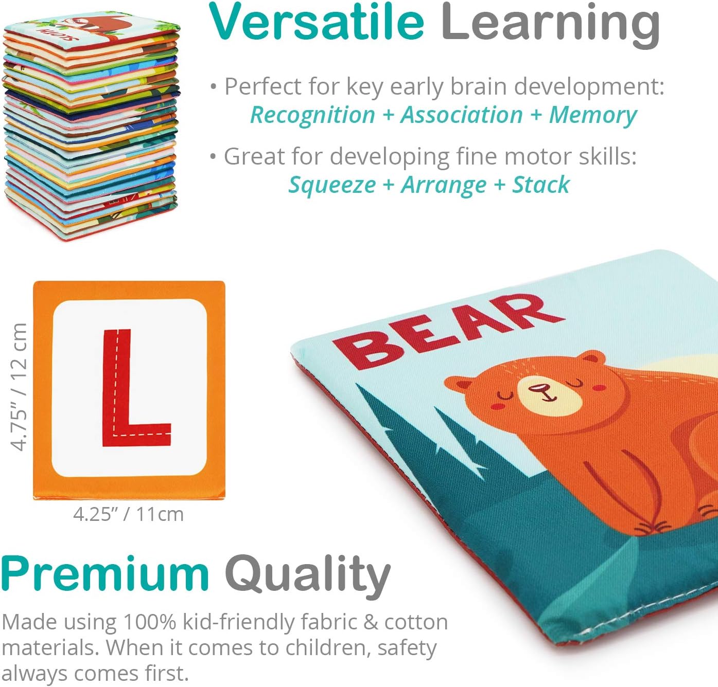 Zoo Alphabet Cards | Soft Alphabet Flash Cards, Educational Early Learning Infant Toys for Babies Infants Toddlers Boys Girls Kids Over 0 1 2 3 Years Old | My First ABC Animal Cloth Cards