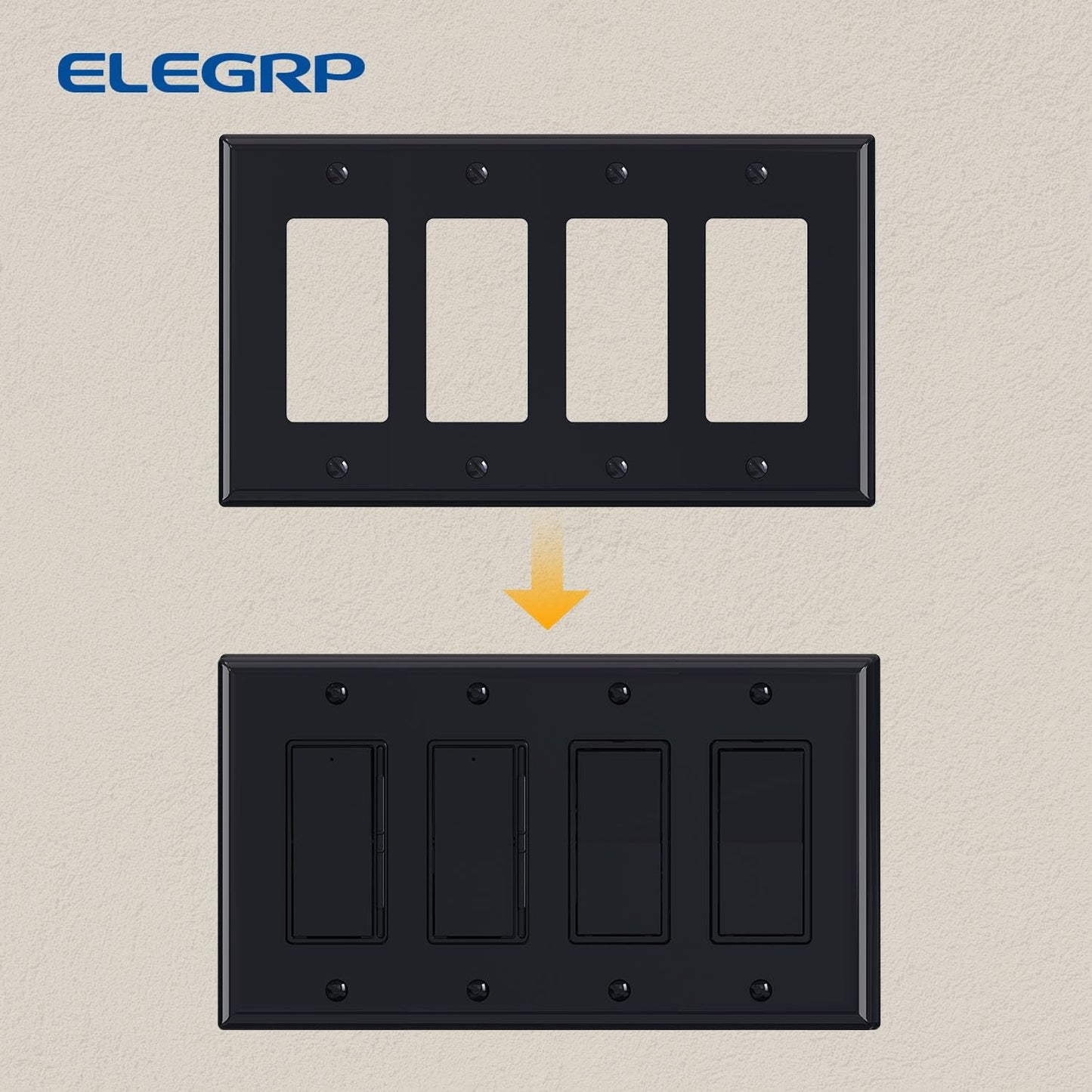 ELEGRP 4-Gang Decorative Wall Plates, Mid-Size 4.88" H x 8.57" L Unbreakable Thermoplastic Faceplate Cover for Decorator Receptacle Outlet Switch, UL Listed (2 Pack, Glossy Black)