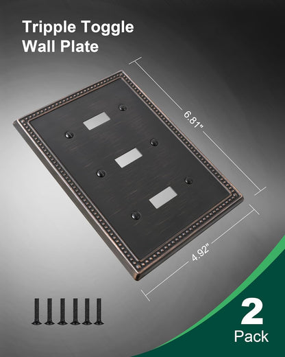 2-Pack Triple Toggle Light Switch Cover Plate, Pearls Decorative Switch Plate Covers, Aged Bronze 3
