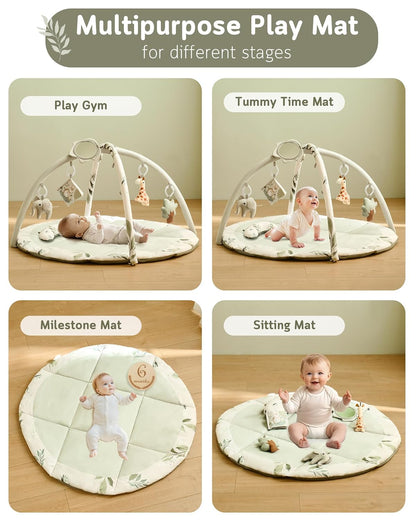 Fortella Baby Play Gym & Activity Mat, Tummy Time Mat w 5 Detachable Toys and Pillow, Large Sensory Playmat for Floor, Newborn Infant Baby Essentials Shower Gift 0-3-6-9-12 Months (Sage Green)