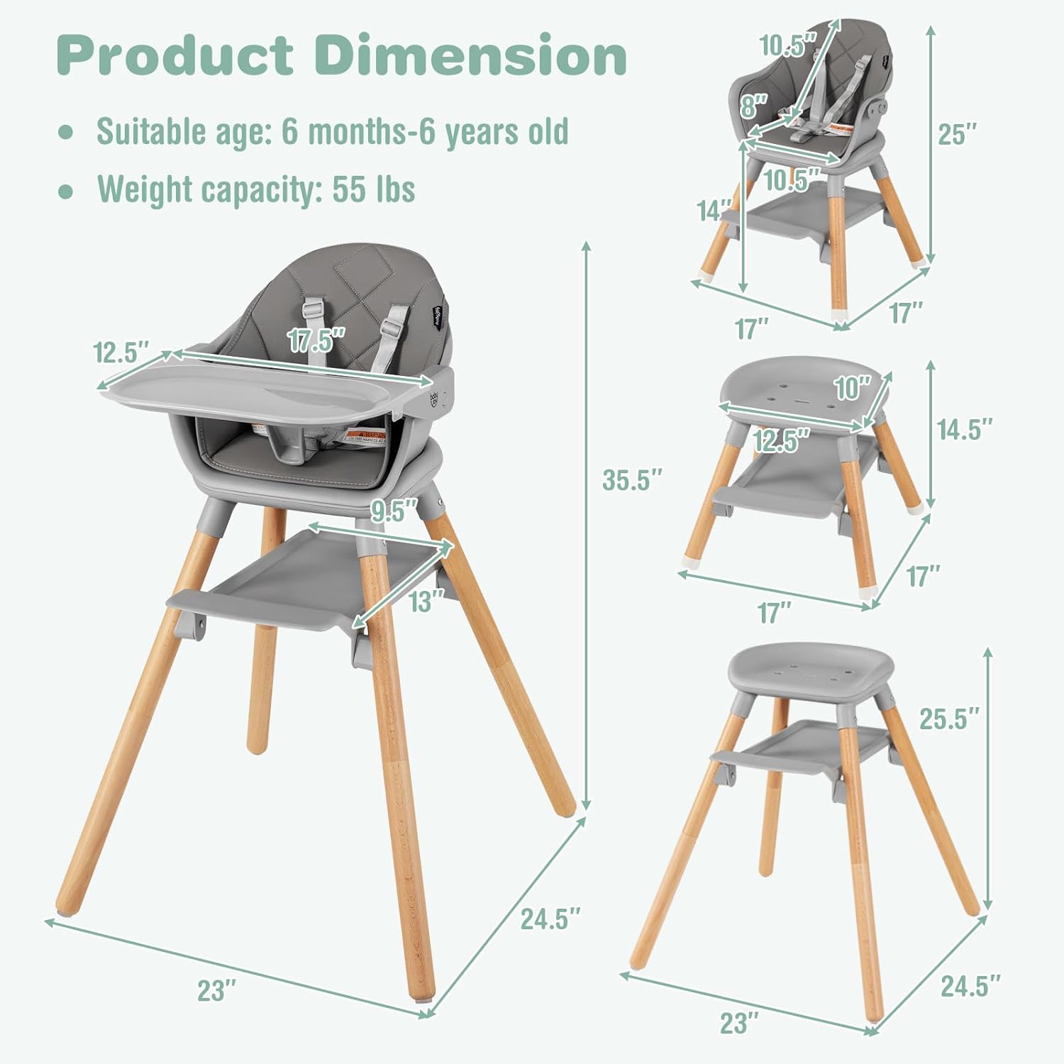 BABY JOY Baby High Chair, 6 in 1 Convertible Wooden Highchair for Babies & Toddlers with Adjustable