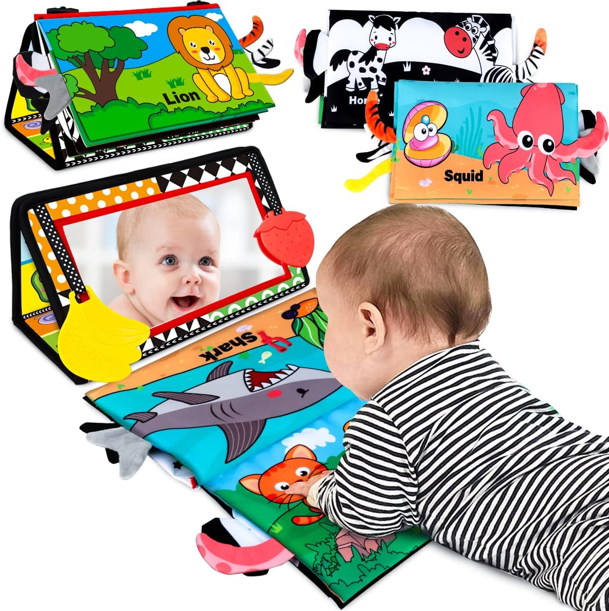 Baby Toys 0-6 Months - Tummy Time Toy Baby Mirror Infant Toys with Cloth Book - Black and White High Contrast Baby Toy for Newborn - Montessori Sensory Toy 0 2 3 4 5 6-12 Months Boy Girl Shower Gifts