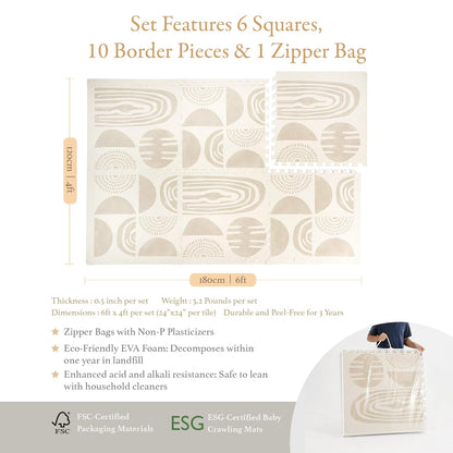 Premium Exercise & Baby Foam Play Mats - Stylish & Large Non-Toxic Odorless Floor Mat - 6 Tiles - Spacious 6ft x 4ft - Peel-Resistant Reinforced Ver.- Soft Thick, Waterproof - Desert Sand