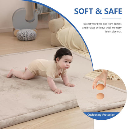 Baby Play Mat for Floor,1.3" Thick Memory Foam Tummy Time Mat,Soft Coral Velvet Nursery Rug,Extra Large Non Slip for Crawling,Toddlers,Infants,Kids,Tatami Style for Living Room(Beige)