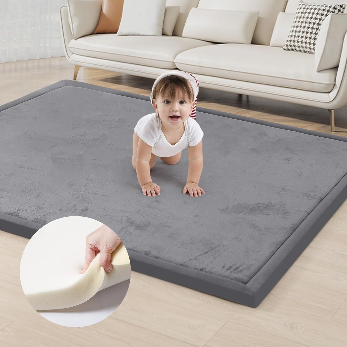 ACOMOPACK Baby Play Mat for Floor 1.3" Thick Memory Foam Play Mat 79"×118" Tummy Time Crawling with Non-Slip Bottom for Living Room,Nursery,Soft Velvet Playpen Mats for Kids,Infants（Dark Grey）