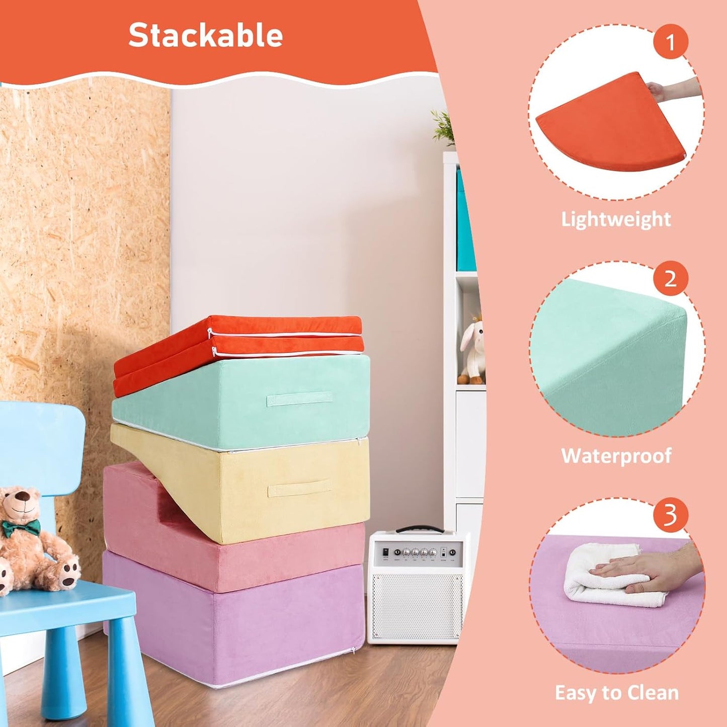 6-Piece Soft Suede Toddlers Climbing Toys, Baby Foam Climbing Blocks, Waterproof Foam Play Gym Climber Structures for Toddler Babies, Indoor Climb and Crawl Activity Play Set