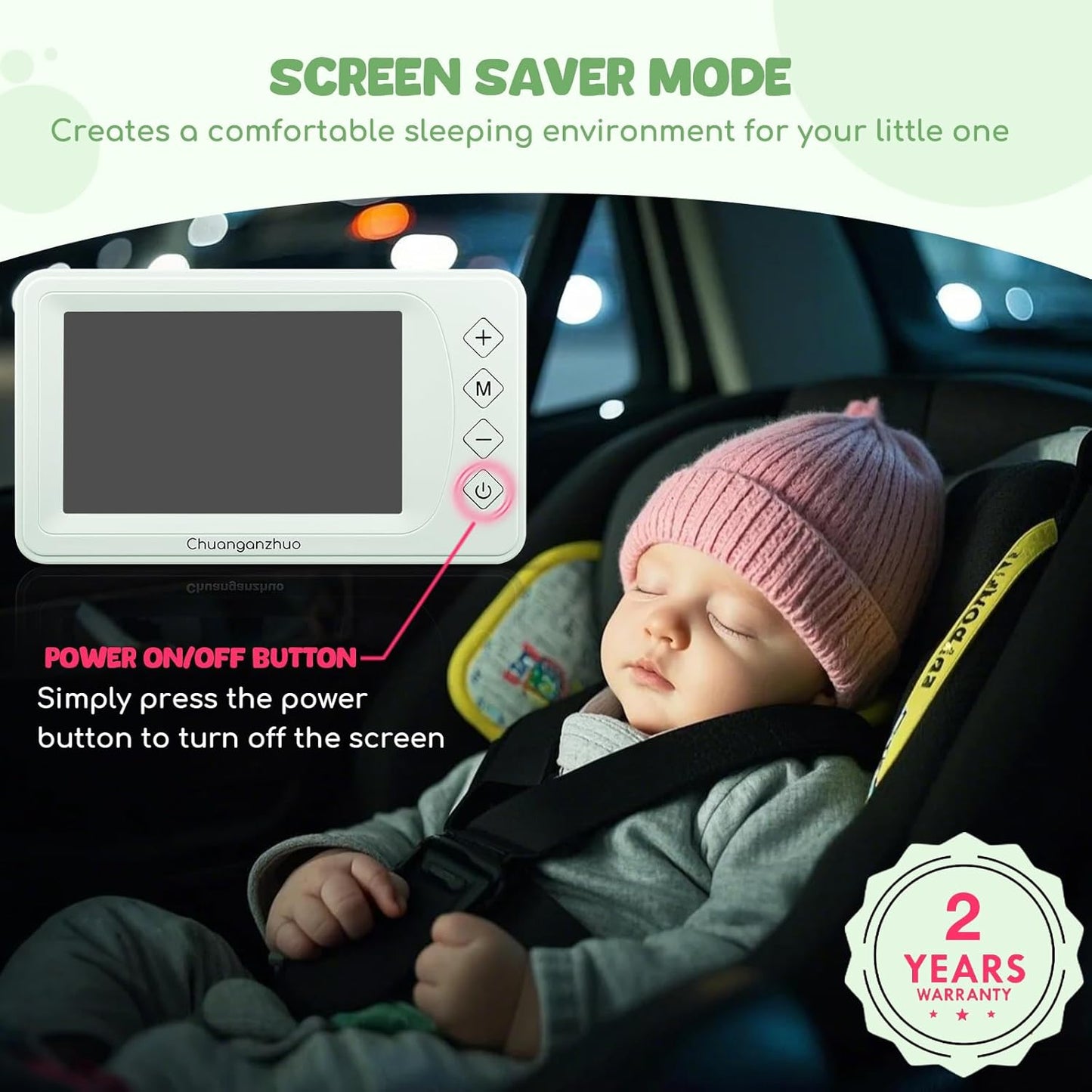 Baby Car Camera with Advanced Crystal-Clear Night Vision, 3X Zoom, USB Powered, 5'' AHD 1080P IPS Car Baby Monitor, Backseat Camera for Kids Infants Rear Facing Mirror, 5inch, Green