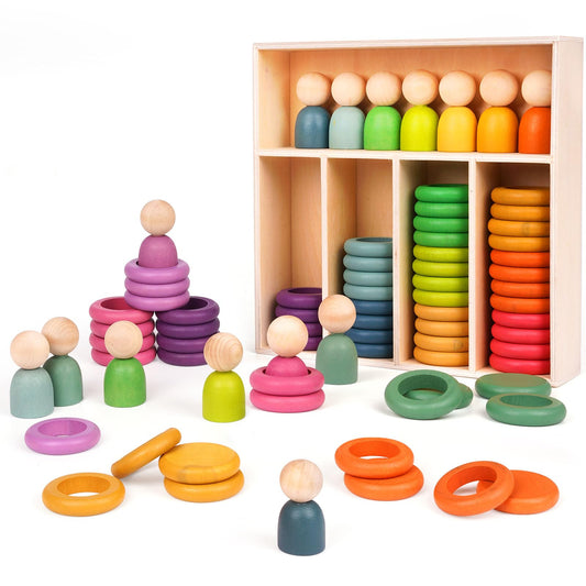 Montessori Toys Wooden Color Sorting Stacking Rings Toy Rainbow Wooden Peg Dolls Counting Toys