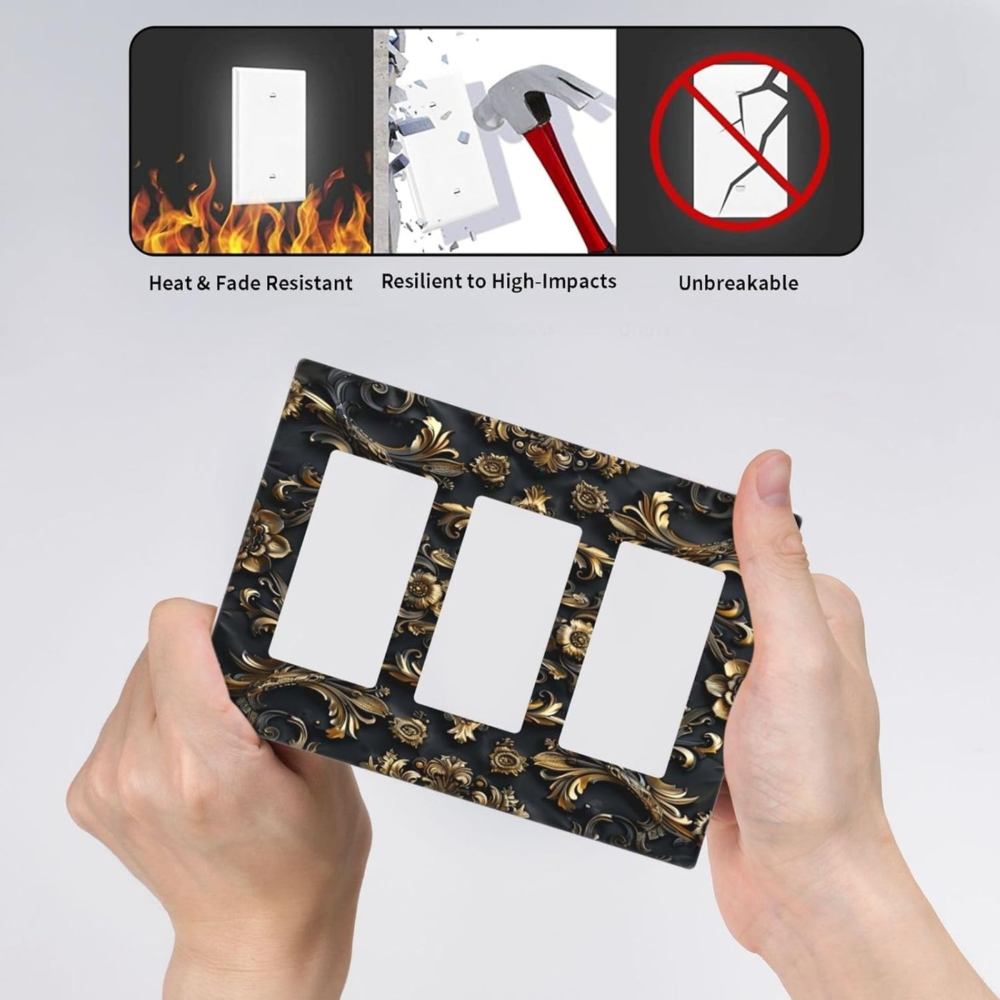 Decorative Outlet Covers Rococo Vintage Black Golden Leaf Morris Vine 3 Gang Wall Plate Triple Rocker Light Switch Cover Plate Jumbo Electrical GFCI Faceplate for Bedroom Home Decor