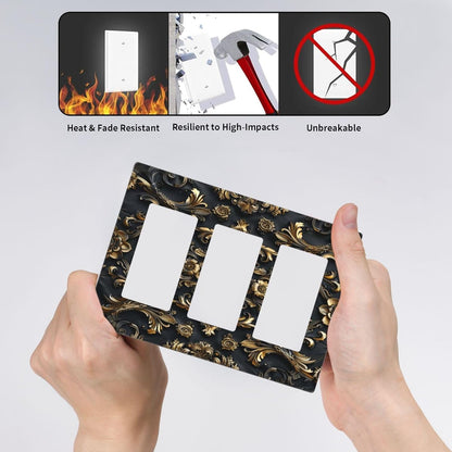Decorative Outlet Covers Rococo Vintage Black Golden Leaf Morris Vine 3 Gang Wall Plate Triple Rocker Light Switch Cover Plate Jumbo Electrical GFCI Faceplate for Bedroom Home Decor
