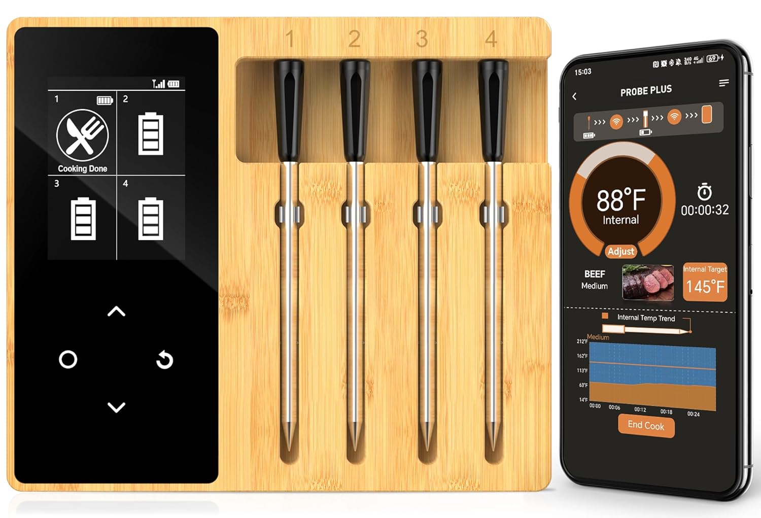 Accurate Smart Wireless Meat Thermometer - 4 Probes, Long Range Bluetooth, Real-time Alerts