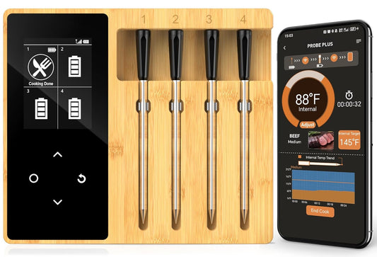Accurate Smart Wireless Meat Thermometer - 4 Probes, Long Range Bluetooth, Real-time Alerts