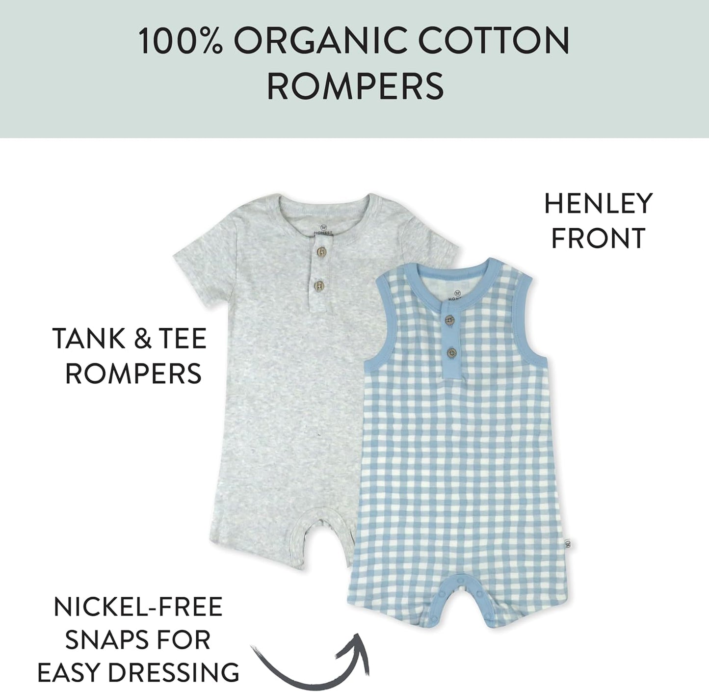 HonestBaby Short Sleeve and Tank Romper 100% Organic Cotton for Infant Baby and Toddler Boys