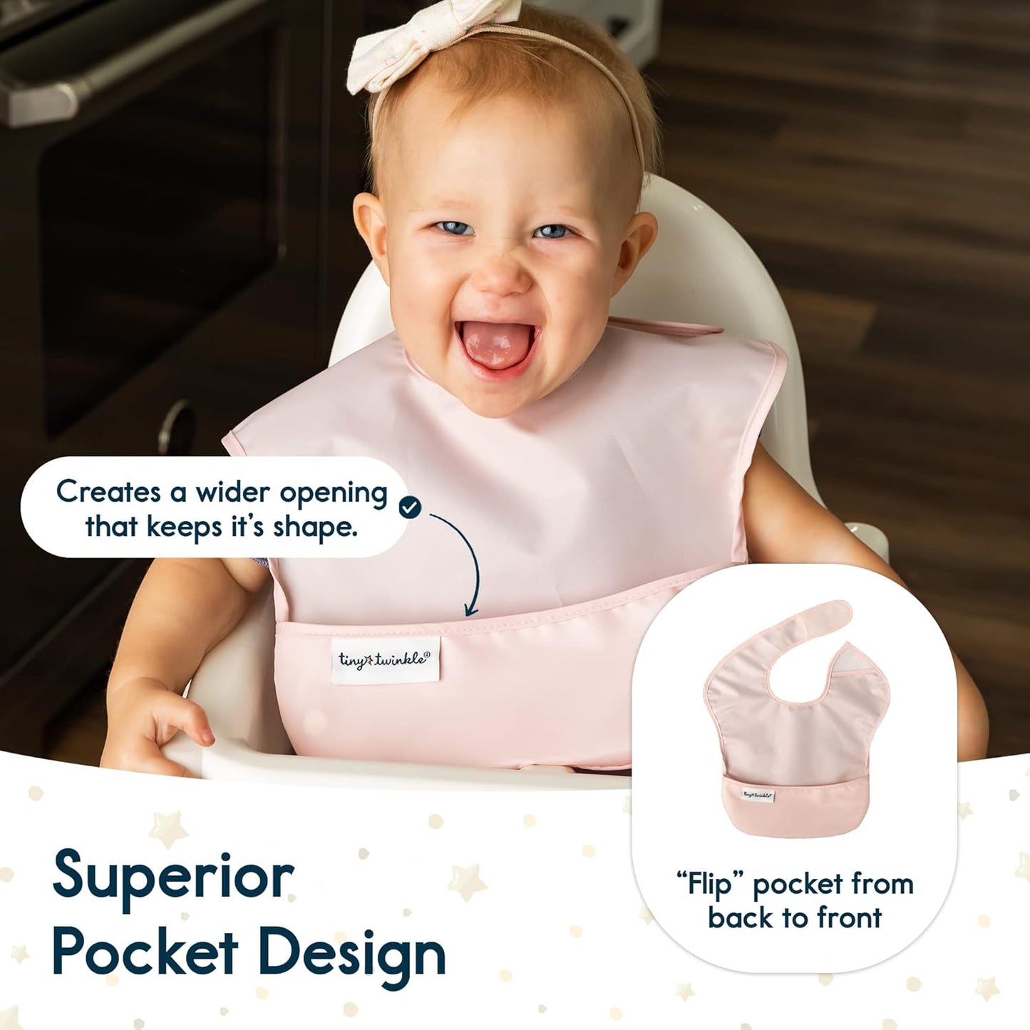 Tiny Twinkle Mess Proof Baby Bibs for Eating - Waterproof, Wipeable Bibs - Toddler Bibs - Travel