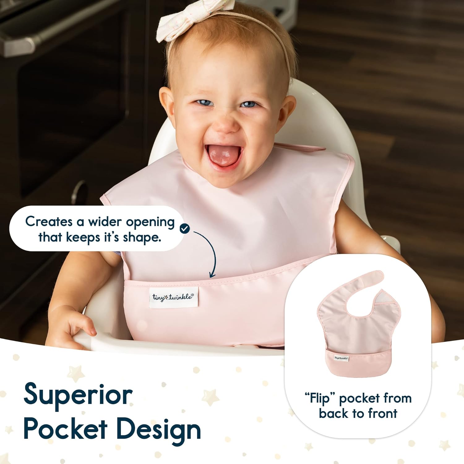 Tiny Twinkle Mess Proof Baby Bibs for Eating - Waterproof, Wipeable Bibs - Toddler Bibs - Travel