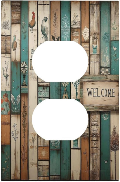 Outlet Covers Vintage Wood Brown Turquoise Splicing 1 Gang Duplex Light Switch Cover Decorative