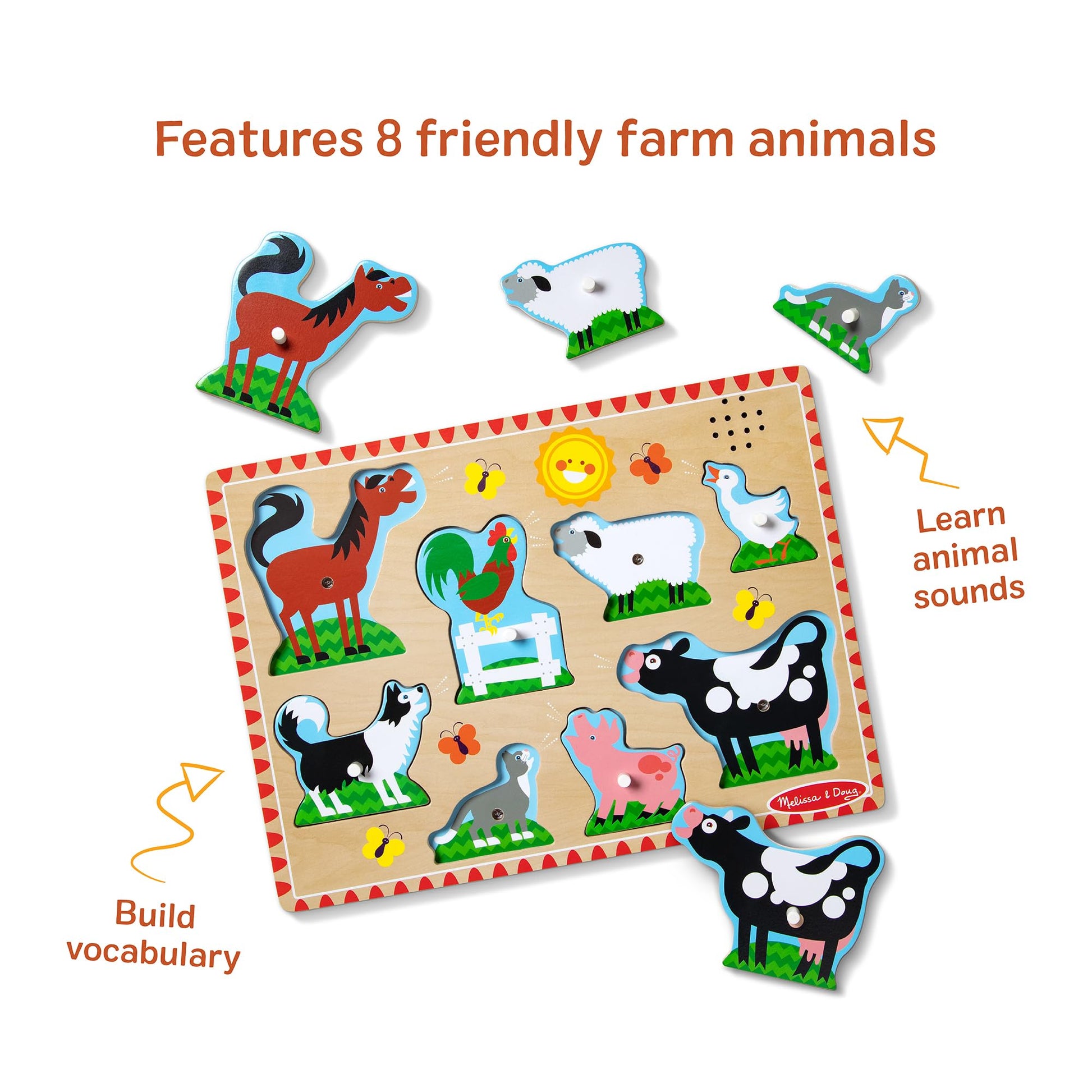 Melissa & Doug Farm Animals Sound Puzzle – 8-Piece Wooden Peg Puzzle with Light-Activated Sounds