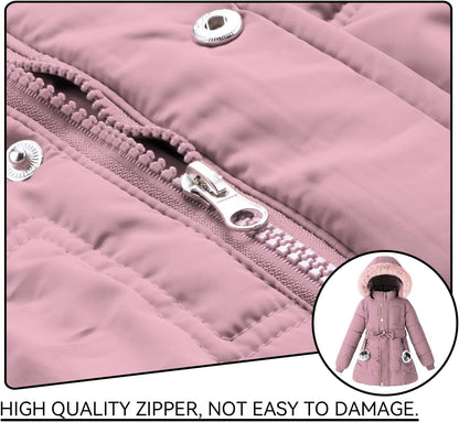 Girls Winter Dress Coats Faux Fur Hooded Fleece Jackets Waterproof Parka Outwear