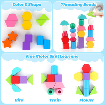 Montessori Wooden Beads Sequencing Toy Set, Stacking Blocks & Lacing Beads & Matching Shape