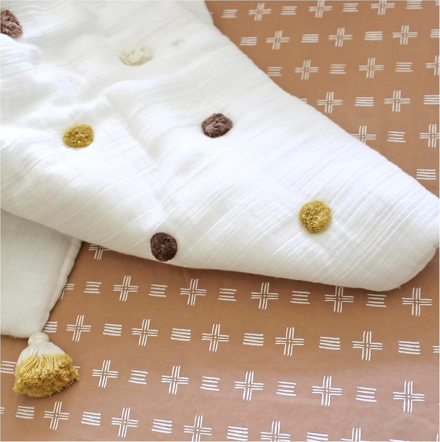 Crane Baby Blanket, 36” x 36”, Soft Cotton Pom Pom Nursery Blanket for Boys and Girls, Cream