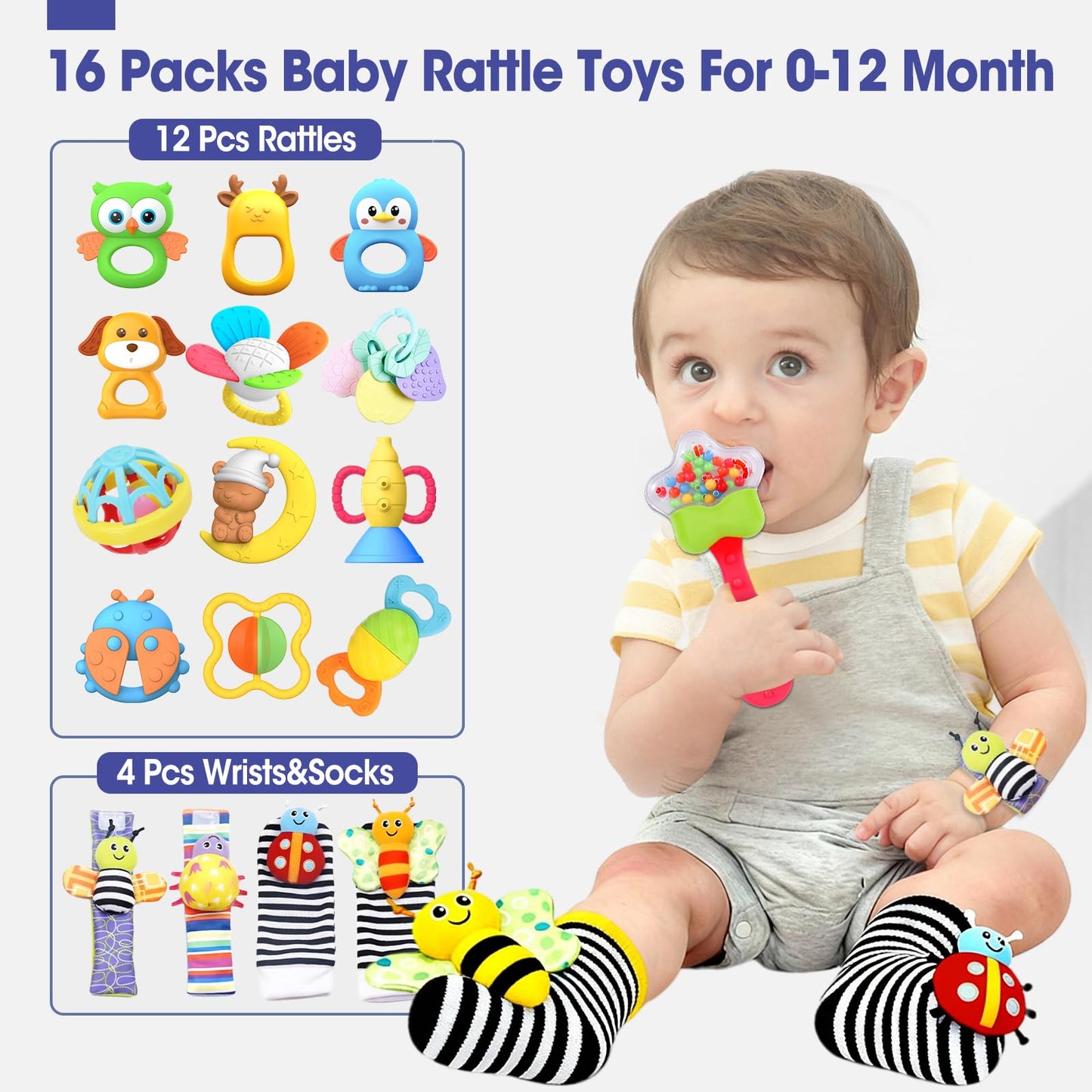 AZEN 16 Pack Baby Rattles Teething Toys 3-6 Months, Baby Toys 0-6 Months, Newborn Infant Toys 6-12