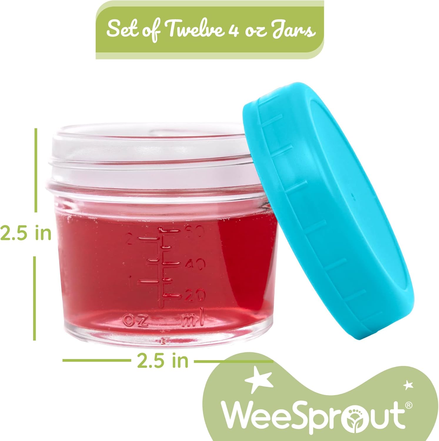 WeeSprout Glass Baby Food Storage Jars w/Lids (4 oz, 12 Pack Set) Snack, Puree, Reusable Small