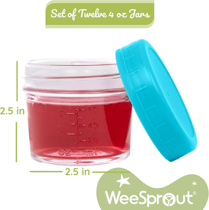 WeeSprout Glass Baby Food Storage Jars w/Lids (4 oz, 12 Pack Set) Snack, Puree, Reusable Small