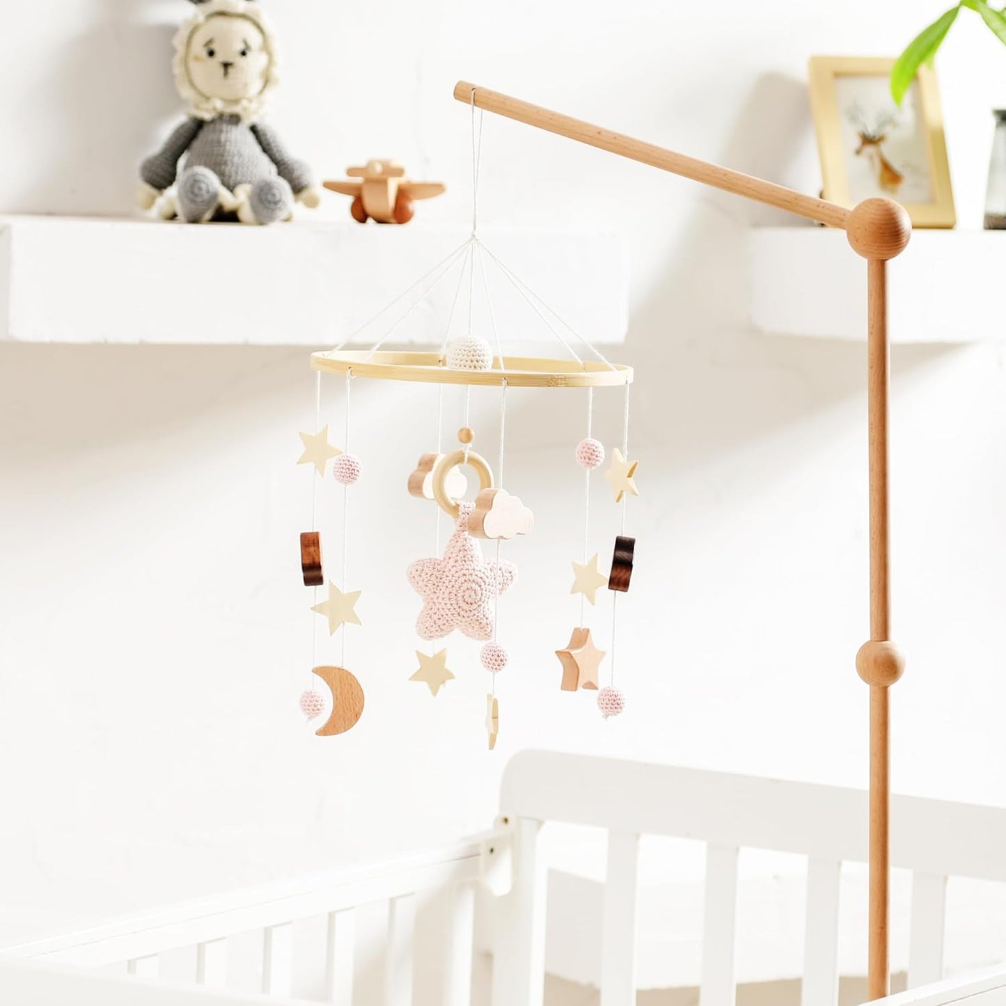 Baby Crib Mobile for Boys Girls| Boho Nursery Mobile| Gender Neutral Hand-Crocheted Mobile| Ceiling Mobile - Stars, Clouds, Moon (Pink)