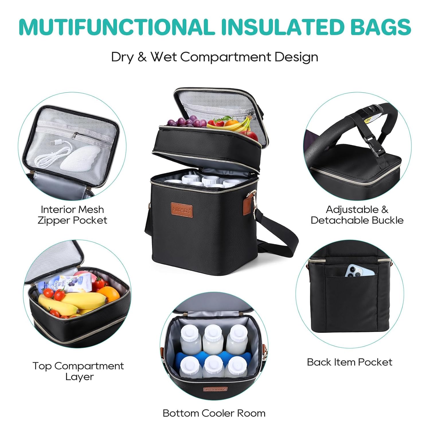 PIIOSER Breastmilk Cooler Bag with Ice Pack Fits 6 Baby Bottles Up to 9 Ounce, Insulated Baby