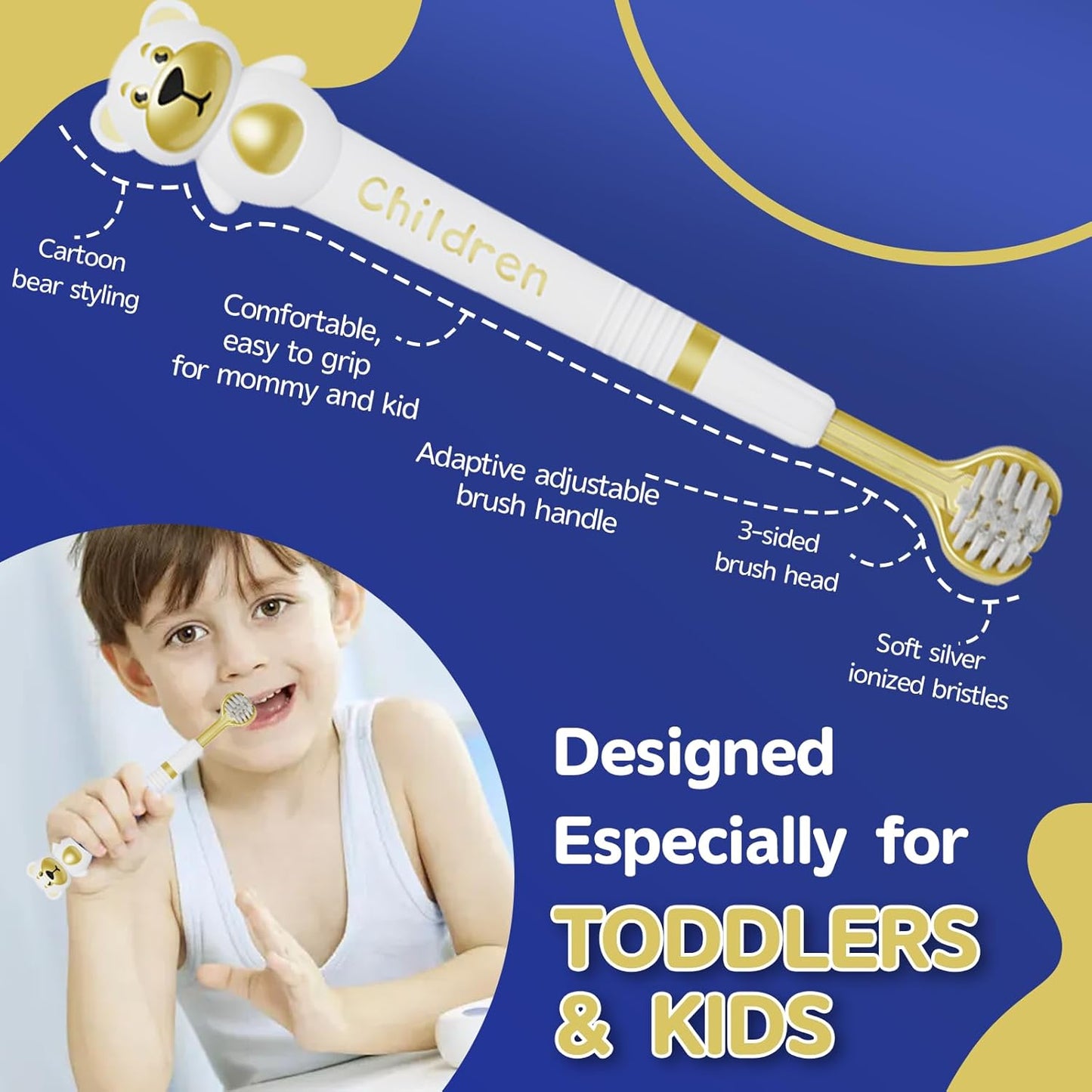 3 Sided Toothbrush for Kids, Japanese Design Triple-Angle Toothhugger, Cartoon Bear Design for