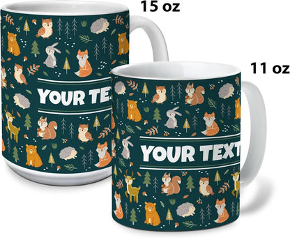 Personalized Mug for Kids - Woodland Animals - Custom Name/Text, Ceramic Hot Chocolate/Cocoa/Coffee Cup for Boys/Girls, Birthday/Christmas/Holiday Gift - 11 oz, Pink Handle