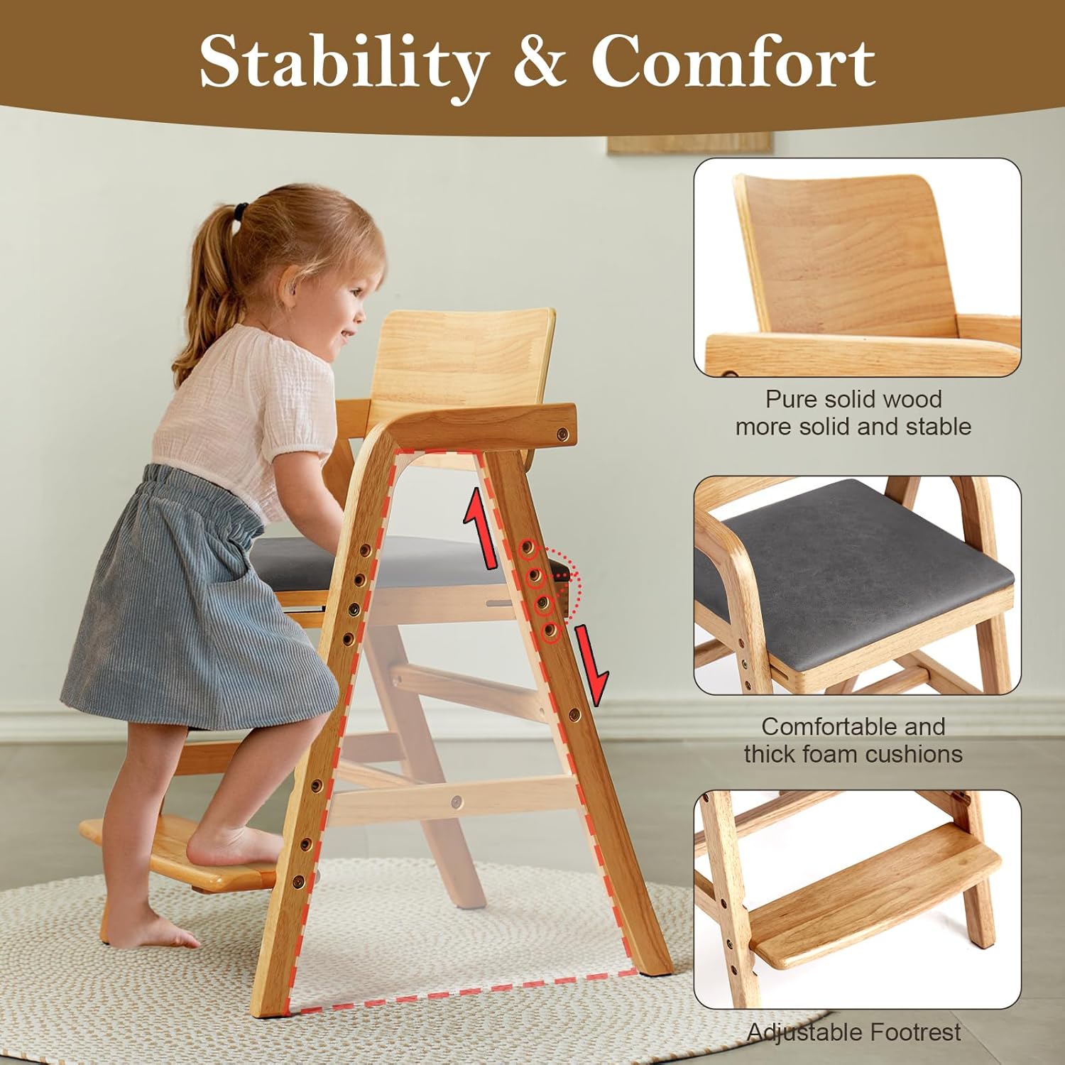 Solid Wood High Chair for Toddlers to Teens, Adjustable Height Toddler Dining Chair, Easy to Clean