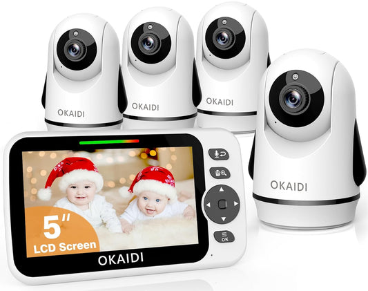 Video Baby Monitor with 4 Cameras, 5" Display Baby Monitor No WiFi, 30H Battery and 1000ft Range, 2-Way Talk, 8 Lullabies, Remote Pan-Tilt-Zoom Baby Camera for Baby Pet Elderly