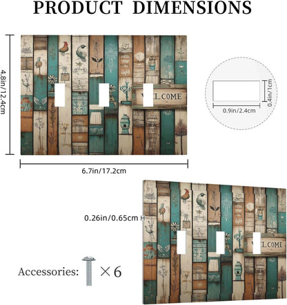 Decorative Switch Plates Vintage Wood Brown Turquoise Splicing 3 Gang Wall Plate Triple Toggle Light Switch Cover Faceplate Electrical Wall Panels For Farmhouse Cabin Decor