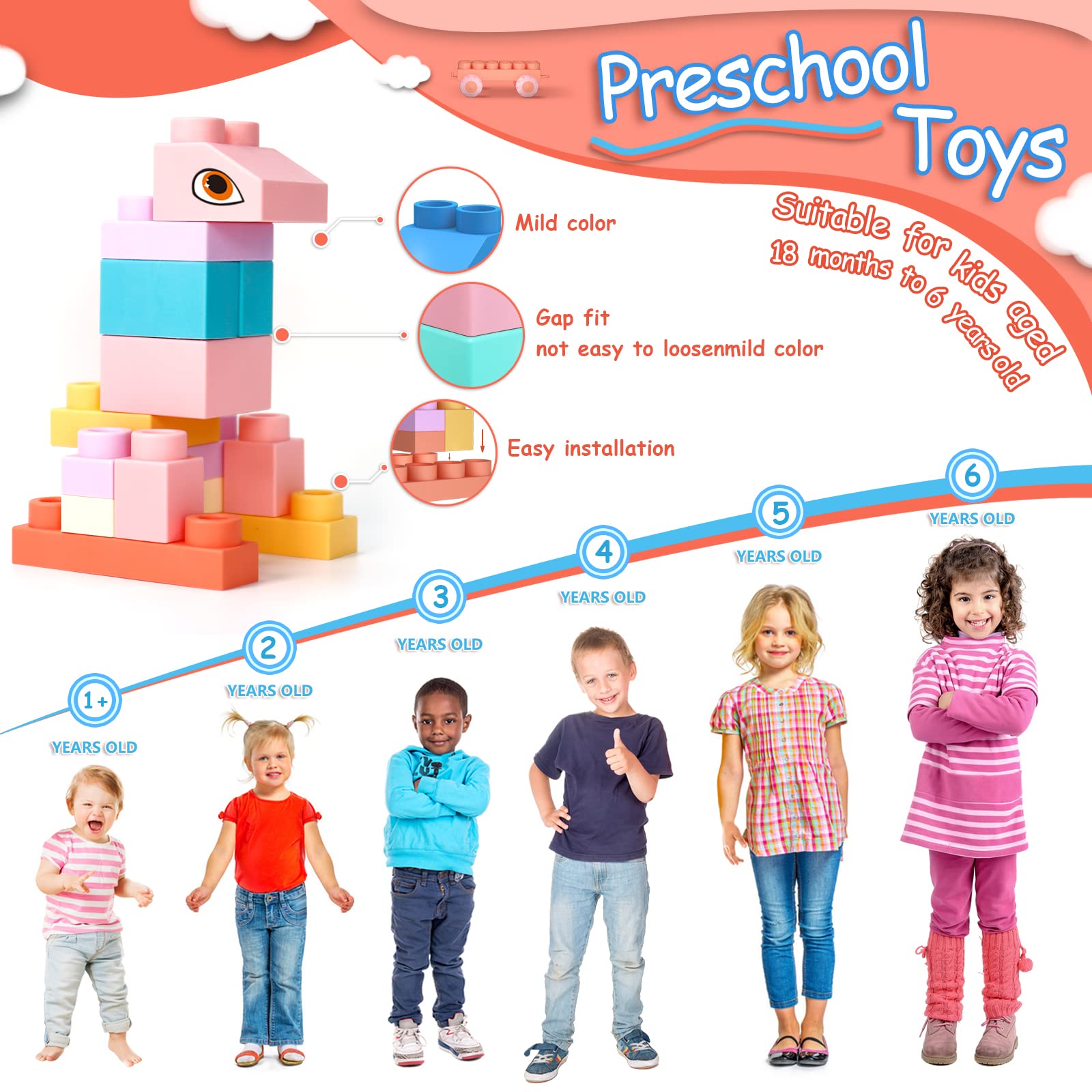 78 Pcs Top STEM Soft Building Block Sets for Kids Aged 18 months to 6 years.Mega Blocks for